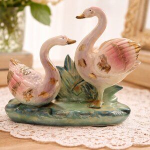 Vintage Decor Japanese Porcelain Swan Figurine Pink & White Hand-Painted 6”